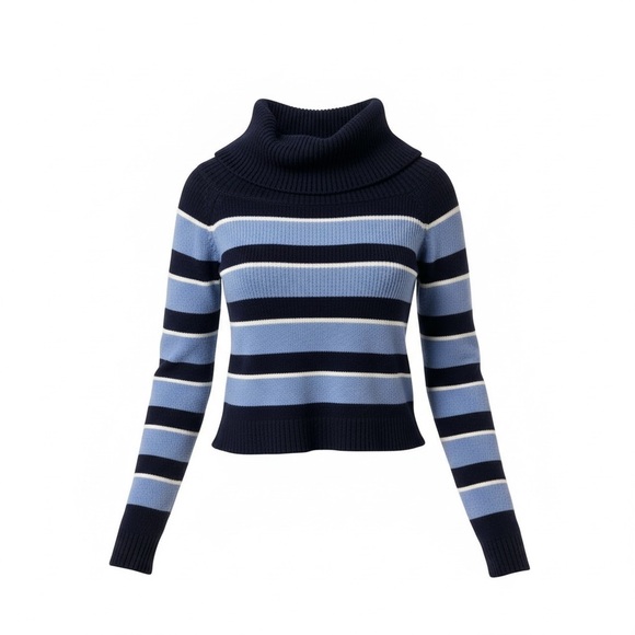 Subdued Sweaters - Navy and Light Blue Striped Women's Turtleneck Sweater